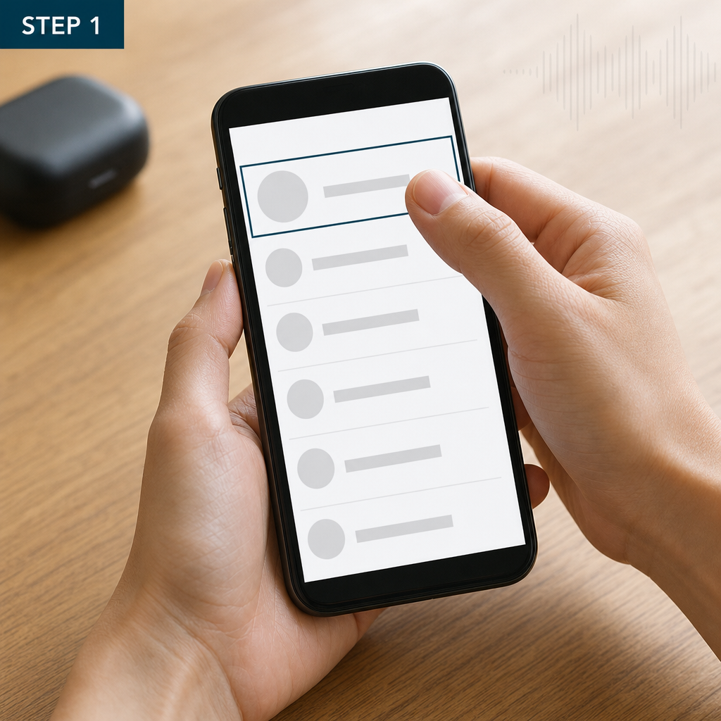 スマートフォンの設定の一覧で一番上の名前の行を指でタップする手元
