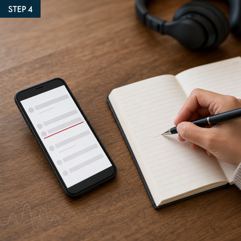 スマートフォンの画面を見ながら手帳にペンで書き留める手元