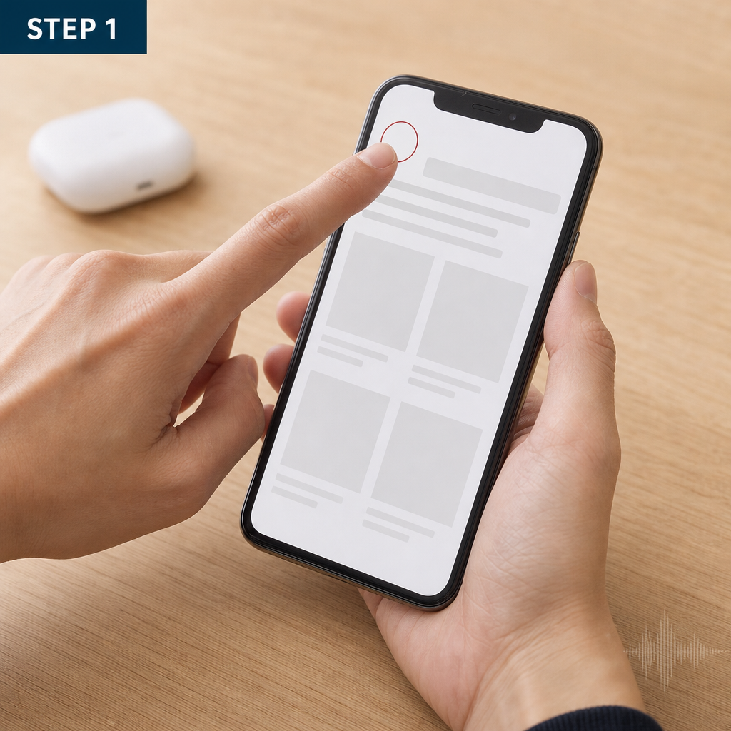 スマートフォンの画面上部の丸いプロフィール画像を親指でタップしようとする手元