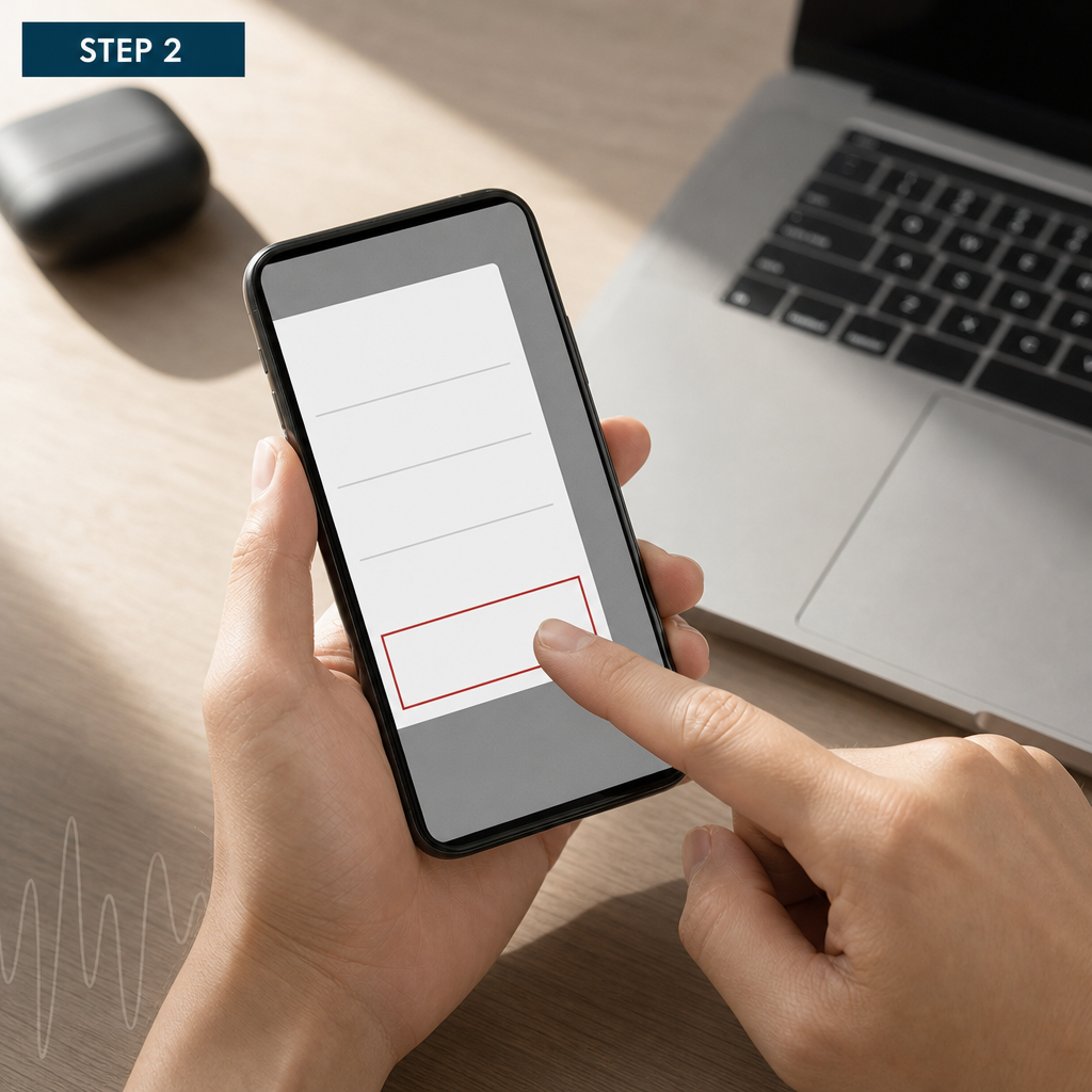 スマートフォンのメニューの一覧から1行を指でタップする手元